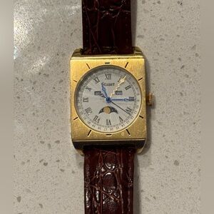 Stauer Watch 1945 Leman Gold Tone Moon Phase Calendar Leather Band #23514 VTG